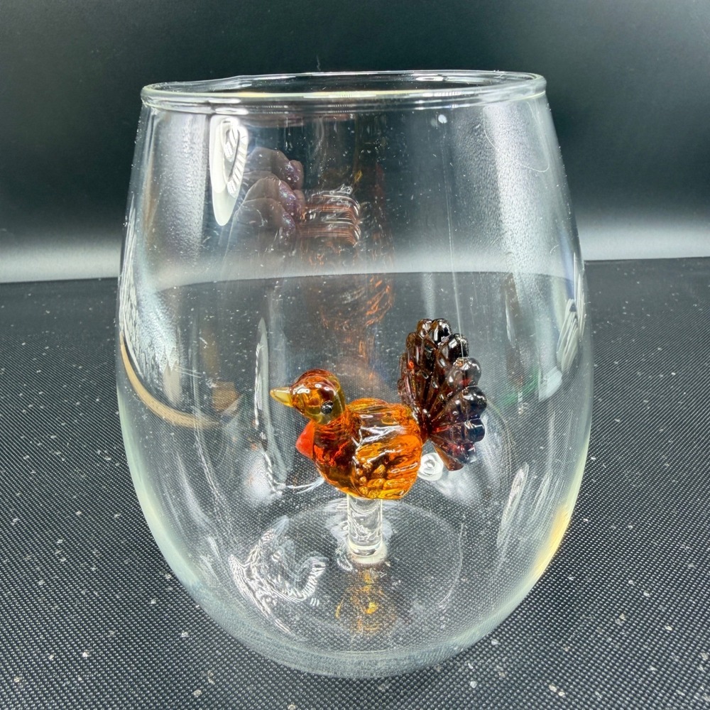 Crate and Barrel Turkey Stemless Wine Glasses Set of 2 Thanksgiving Glassware - Picture 4 of 10